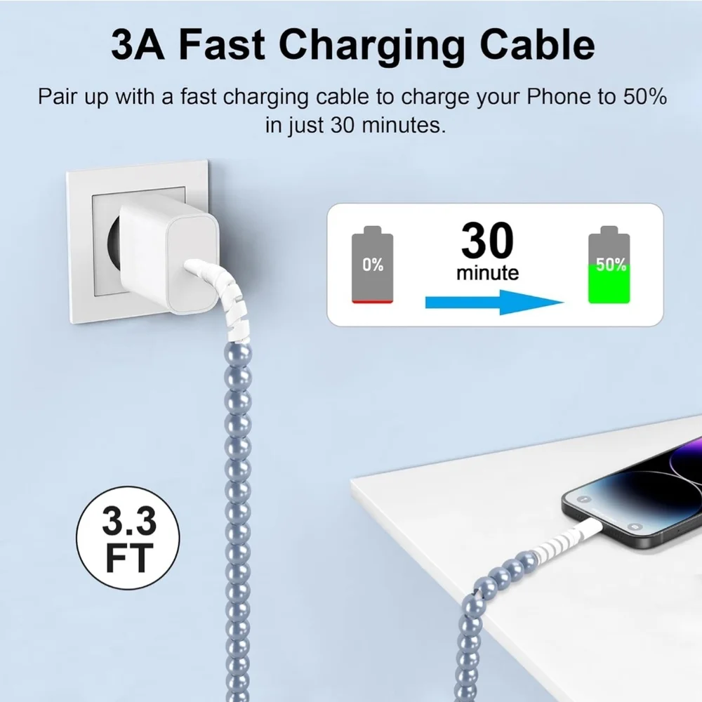 Gray Beaded Phone Charging Cable with Elegant Design
